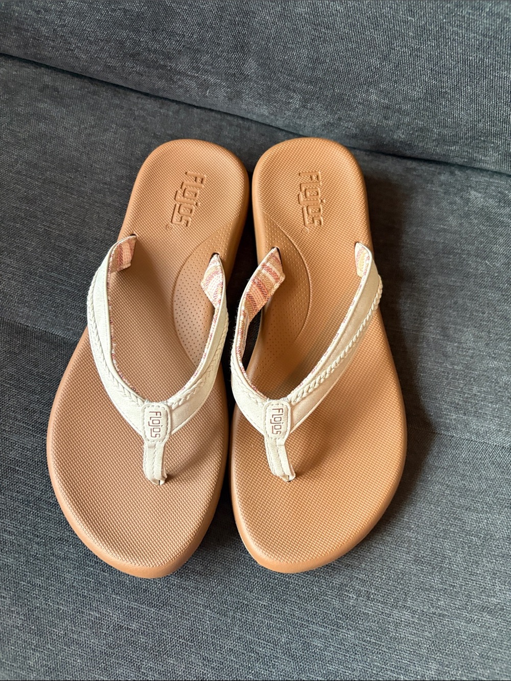Flojos Tan Footbed with Cream Strap Flip Flop Sandals